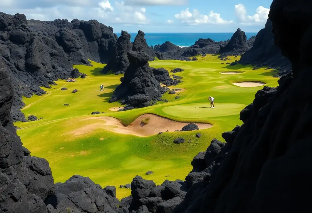 Players competing at the Bank of Utah Championship on a scenic golf course surrounded by lava rock.