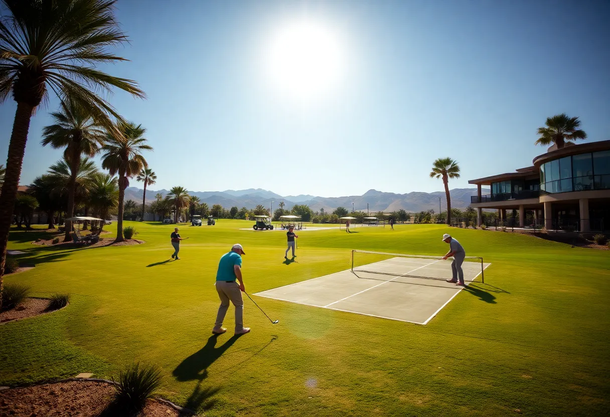 View of the Black Desert Resort with golfers and pickleball hub in the background.