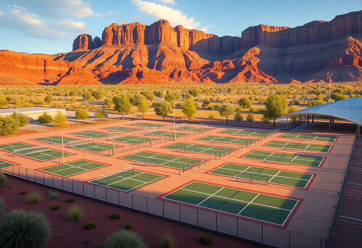 Modern pickleball courts at Black Desert Resort surrounded by Utah's landscape