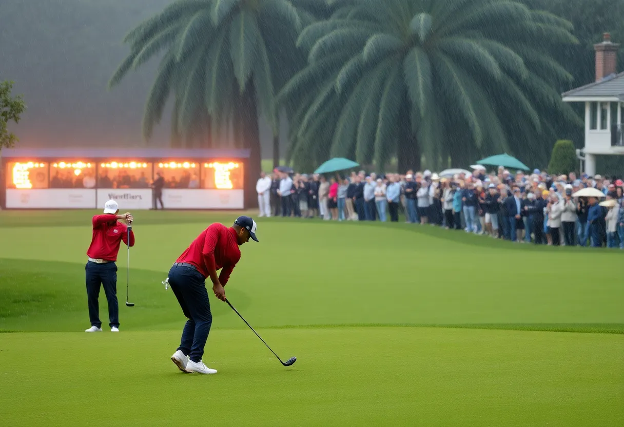 Golfers playing in the rain at BMW PGA Championship