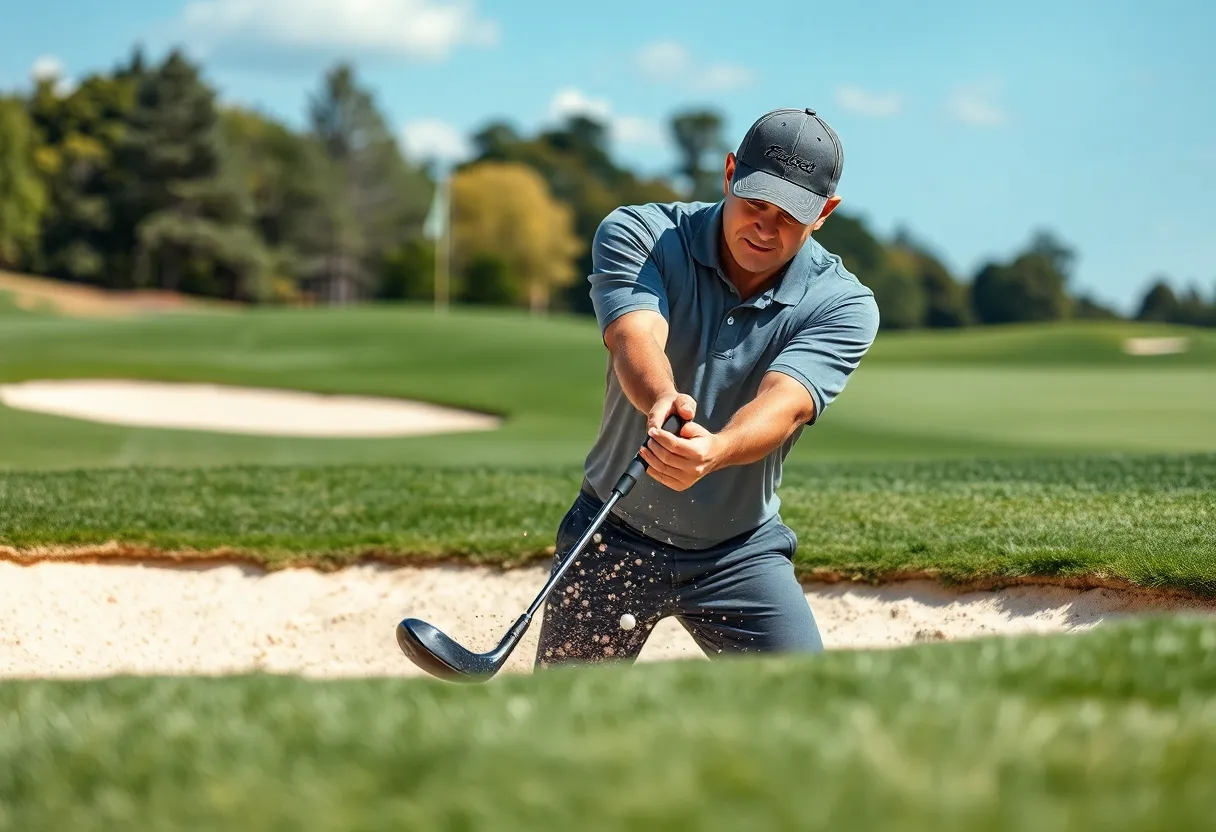 Golfer using Eleven Golf Bunker Blaster in sand bunker