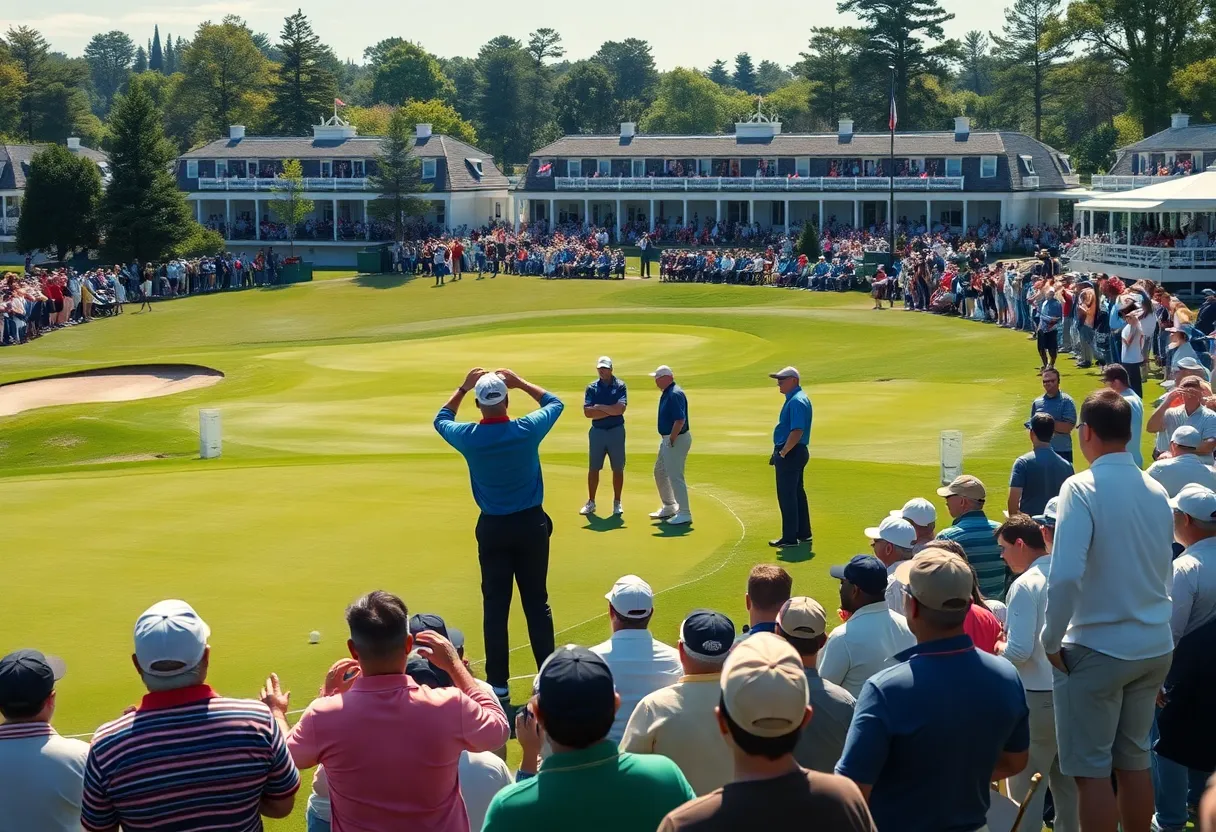 A crowded golf course filled with fans during the Pro-Am event.