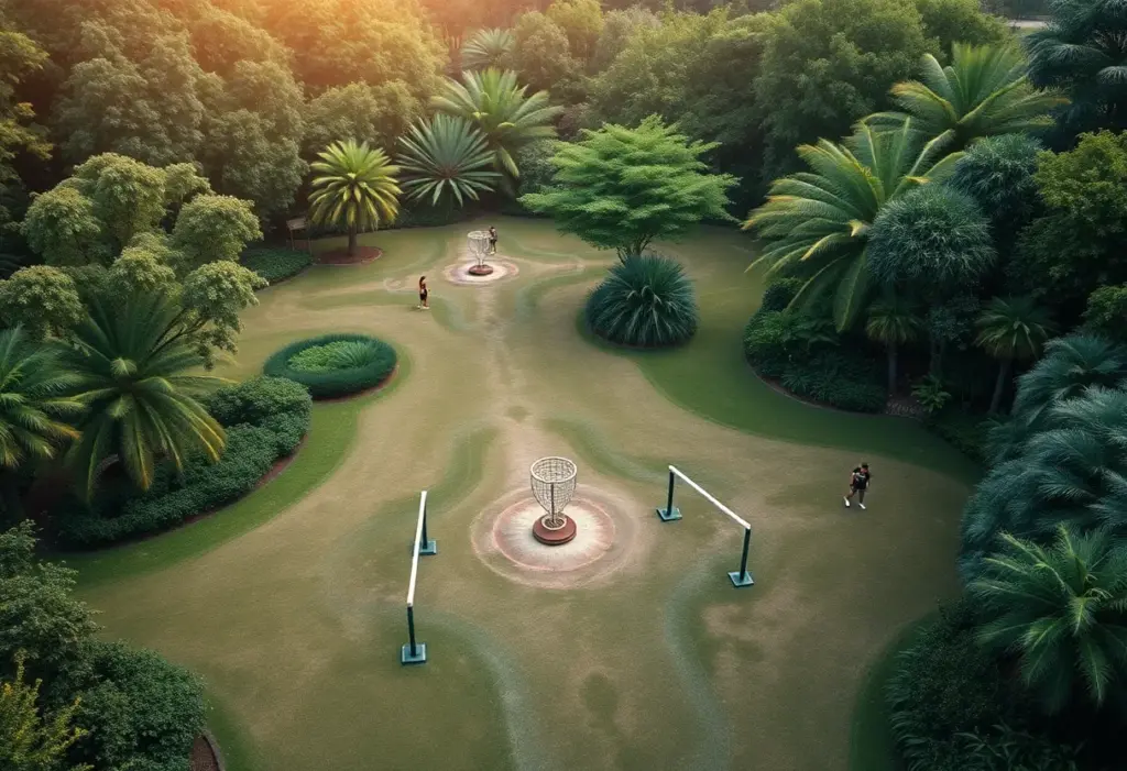 A scenic view of the Carrascal Discgolf Course with players in action