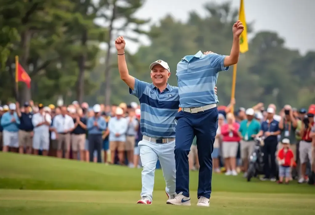 Father and son celebrating a golf championship victory