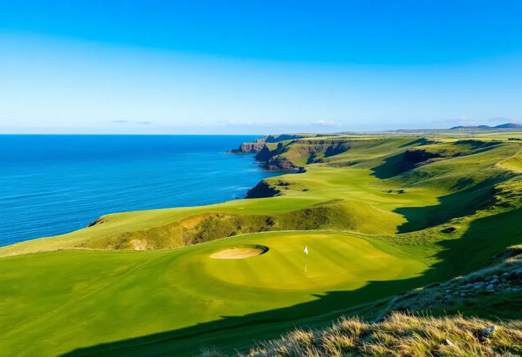 Coastal view of a golf course in Cornwall with blue ocean backdrop