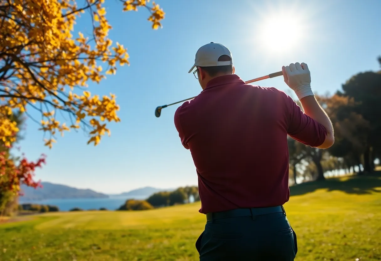 A golfer playing on a sunny golf course in Costa del Sol during autumn