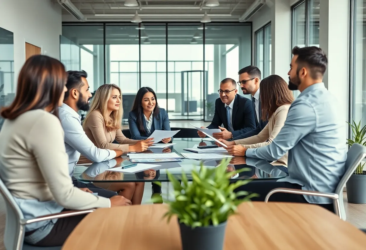 Team meeting at David Spear Commercials discussing sales strategies.