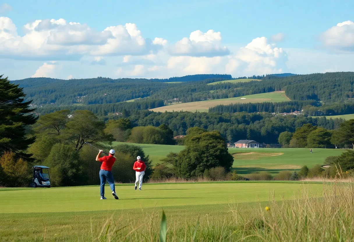 Dustin Johnson competing in a golf tournament at a scenic course
