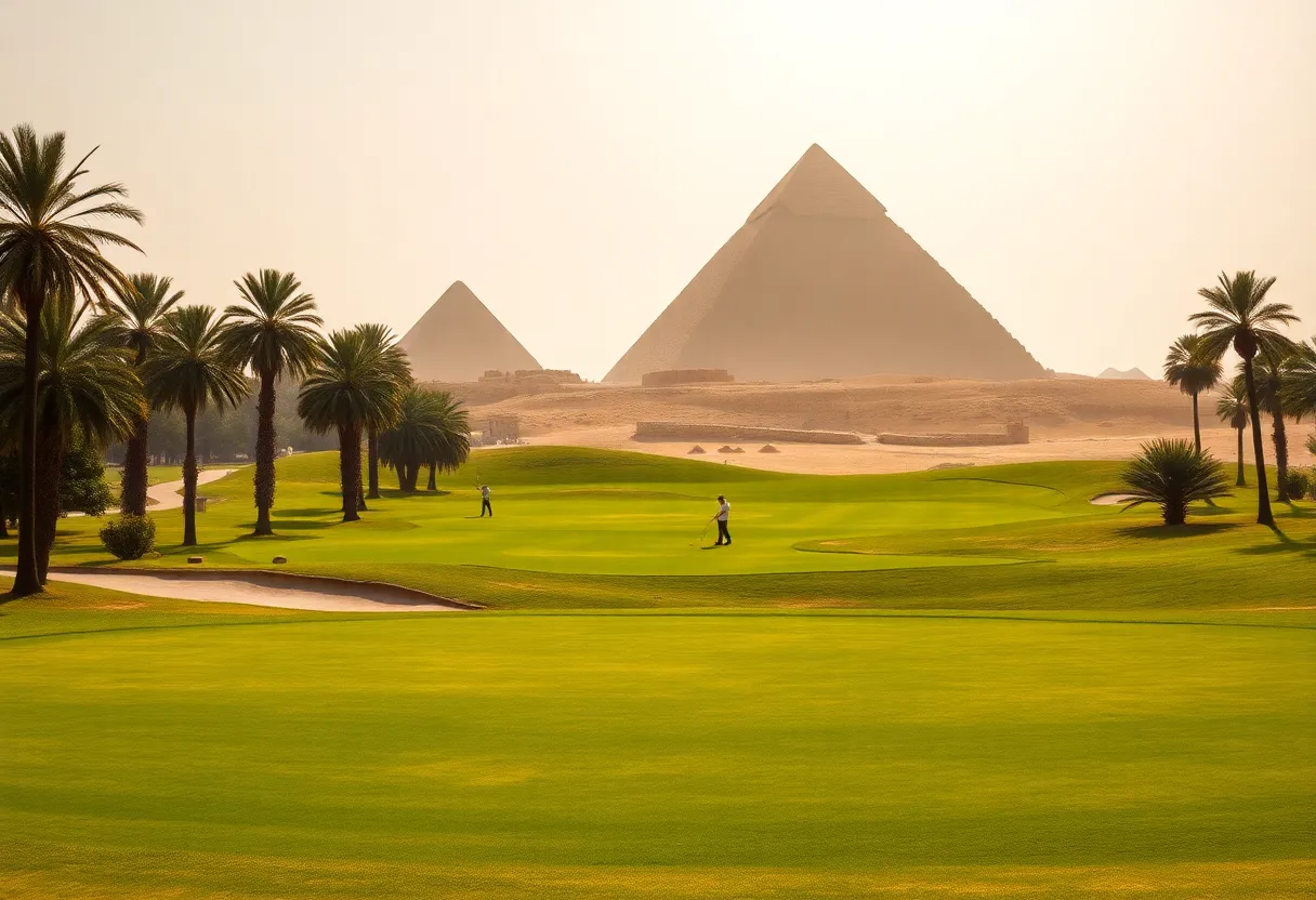 A view of the Egyptian Open Golf Tournament with the Pyramids of Giza in the background.