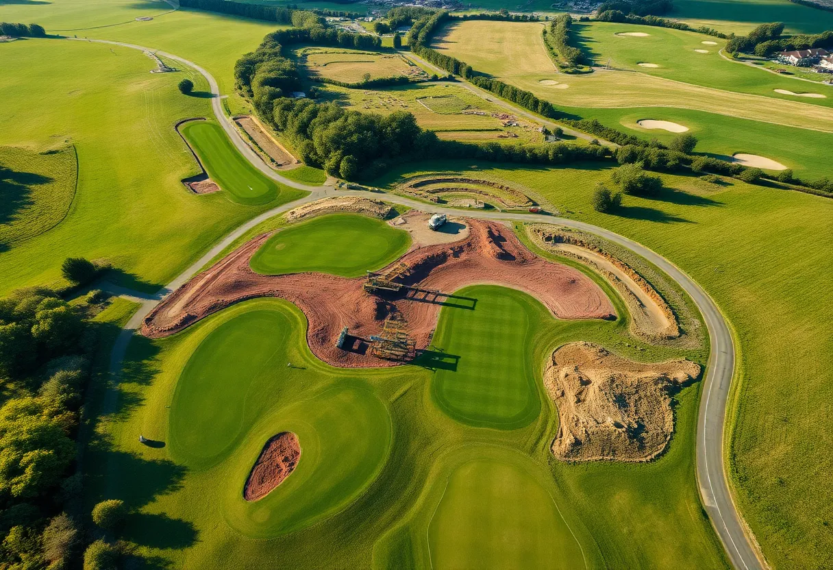 Construction site at The European Club golf course surrounded by beautiful greens.