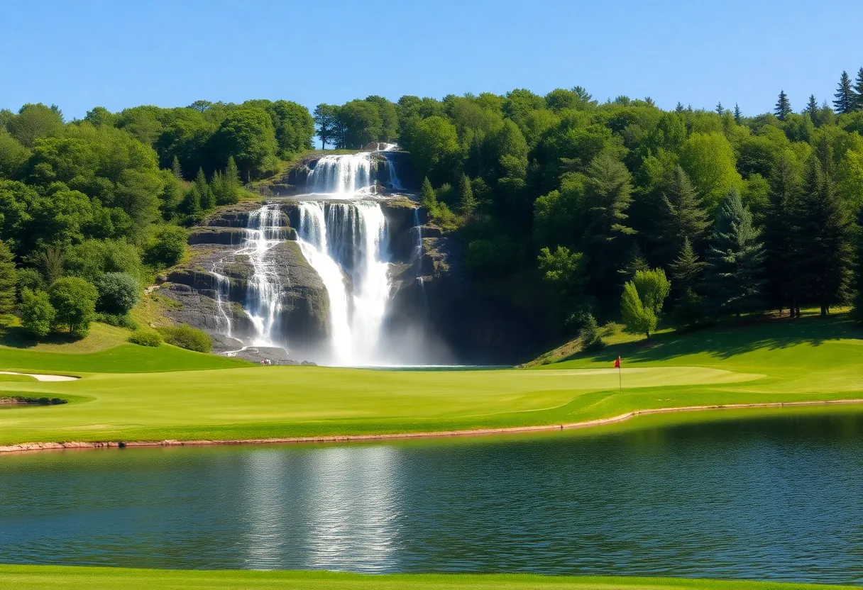 A scenic view of The Falls Course showcasing its natural beauty with a waterfall.