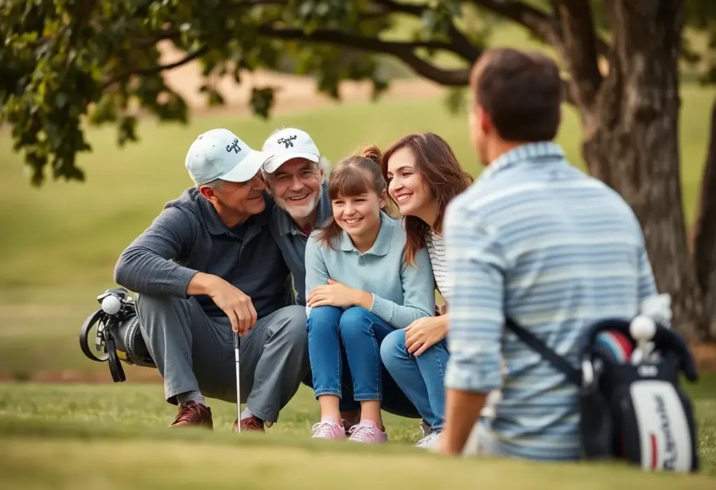 A golfer's equipment surrounded by a loving family atmosphere.