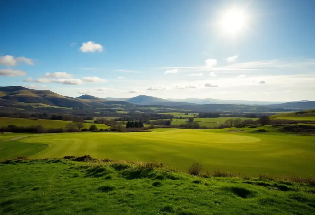 A stunning view of a golf course in Fife, showcasing the beautiful landscape and fairways.