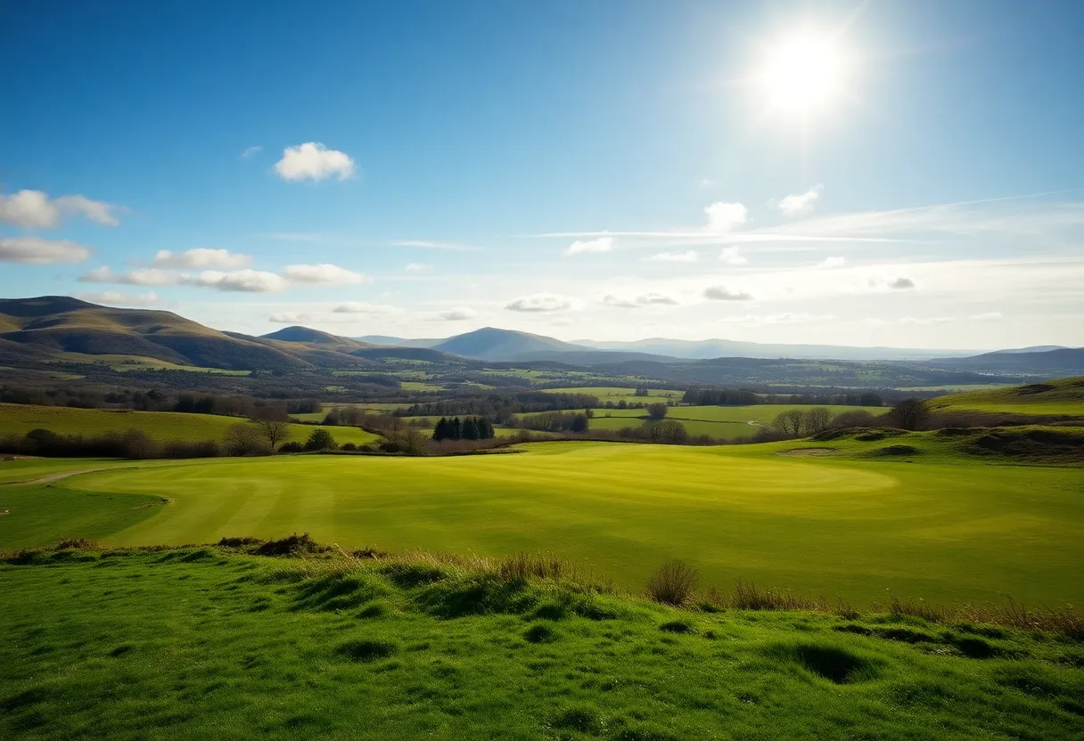 A stunning view of a golf course in Fife, showcasing the beautiful landscape and fairways.