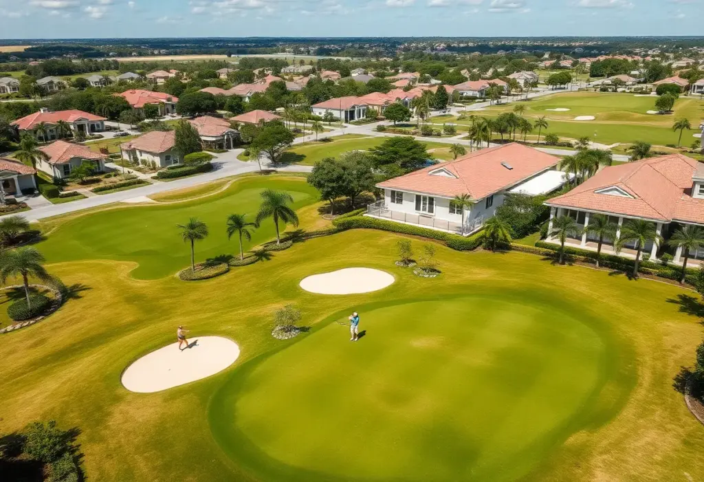 A scenic view of a modern Florida golf course with homes in the background.