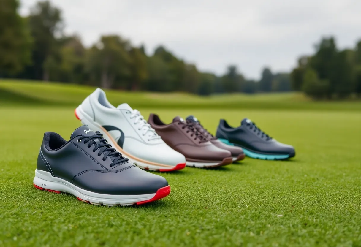 Different models of FootJoy golf shoes on a golf course