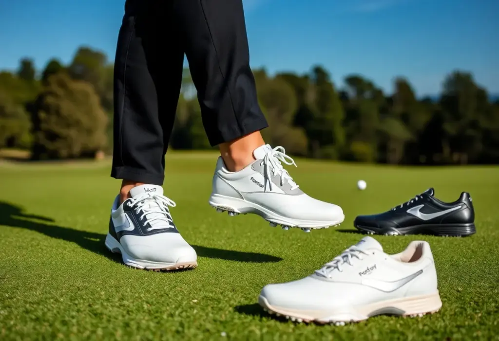 Collection of FootJoy golf shoes displayed on a golf course.