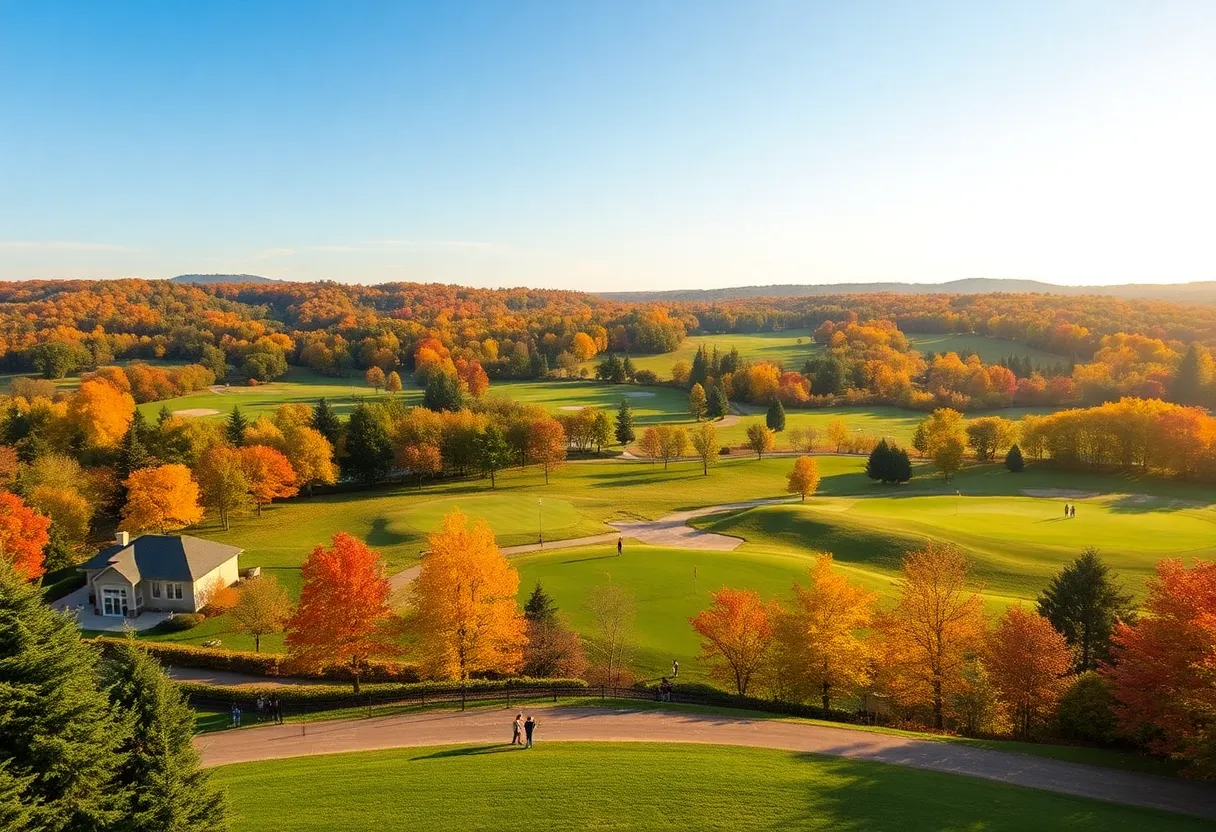 View of the French Lick Resort golf course surrounded by colorful autumn trees