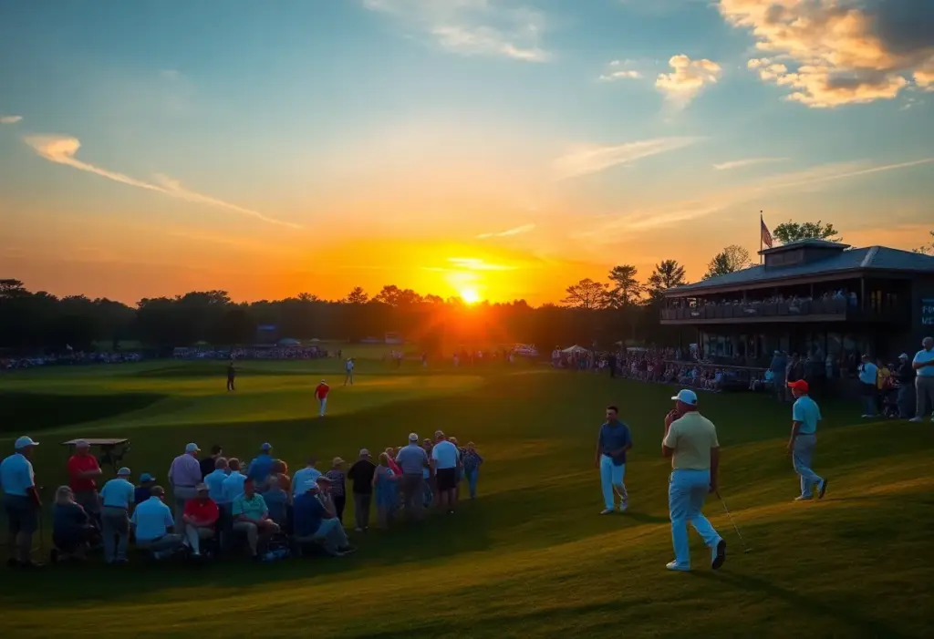 A lively scene from the Genesis Championship Golf event showcasing players and fans.