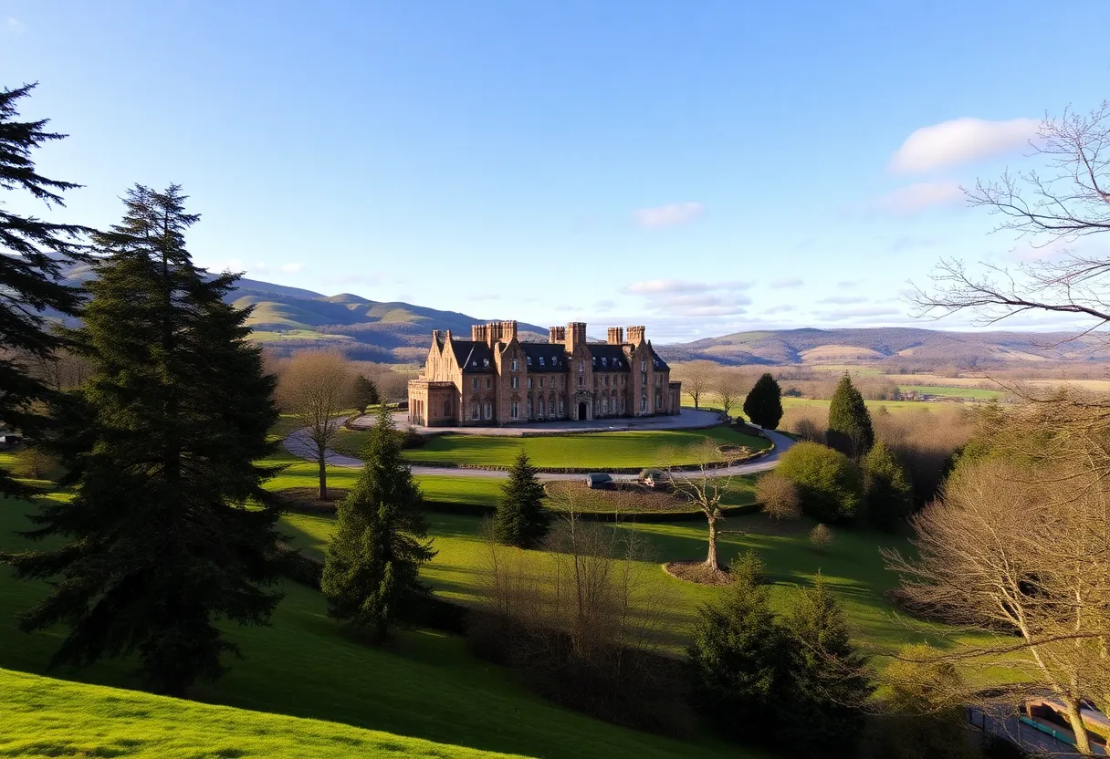 Exterior view of Gleneagles Hotel surrounded by scenic hills