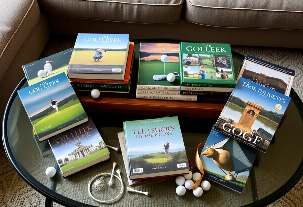 A collection of golf books on a coffee table
