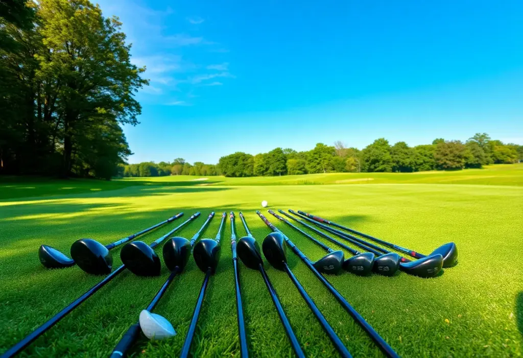 Golf clubs including a driver and a 3 wood displayed on a green golf course.
