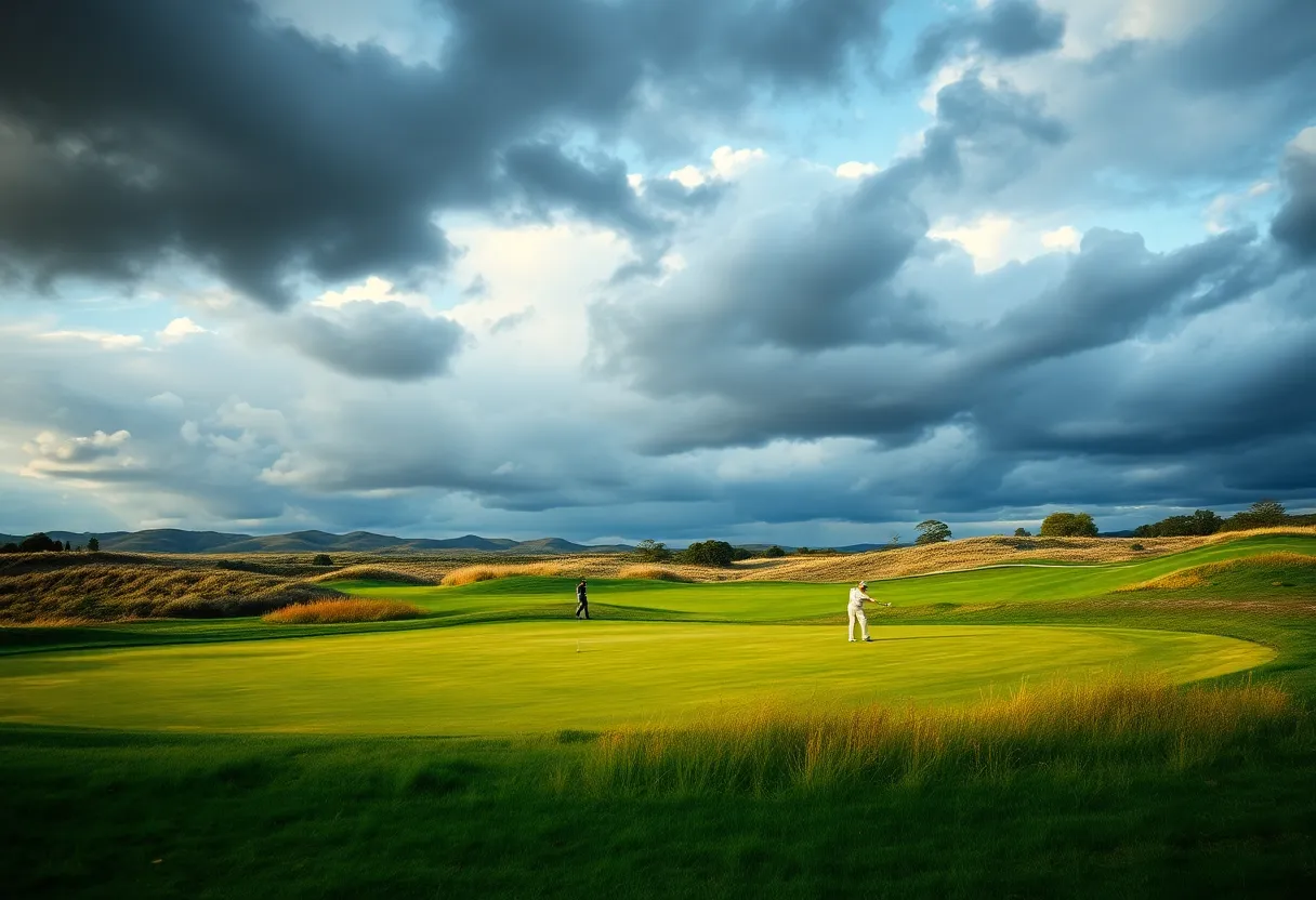 Golfers competing at the Alfred Dunhill Links Championship amidst challenging weather