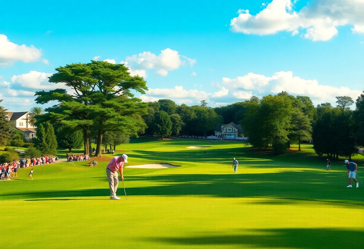 Golfers practicing on a beautiful course during a tournament.
