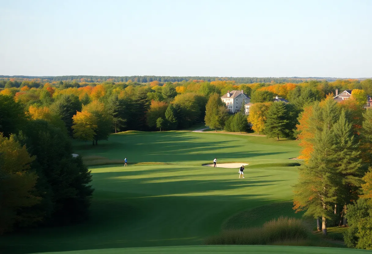 Scenic view of a golf course in Door County with golfers in action.
