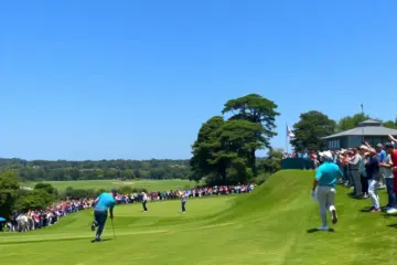Scene from the DP World India Championship with players and spectators.