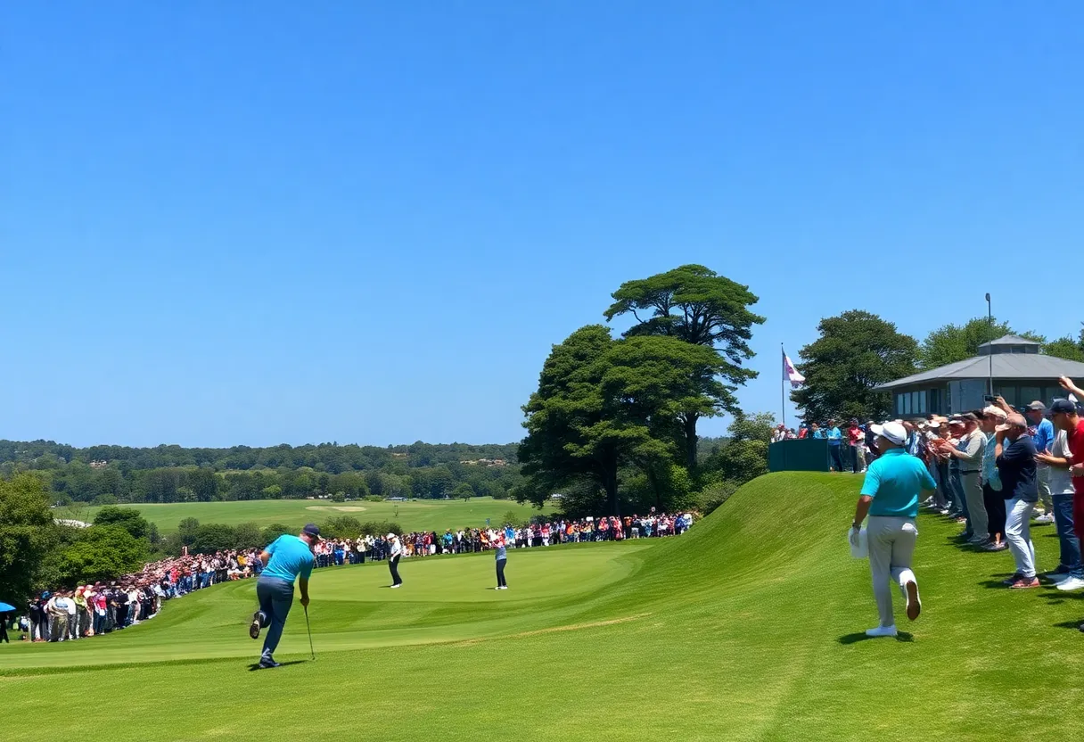Scene from the DP World India Championship with players and spectators.