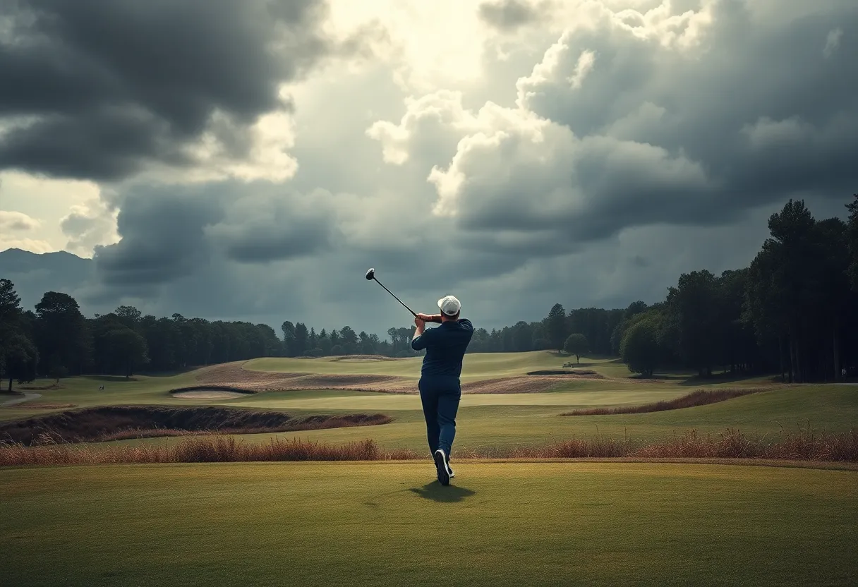 Golf course with golfer in action under cloudy weather