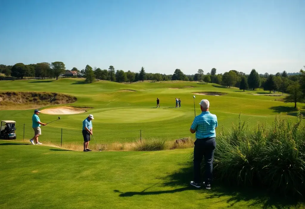 A beautiful golf course with players in action