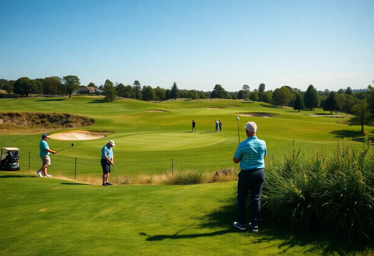 A beautiful golf course with players in action