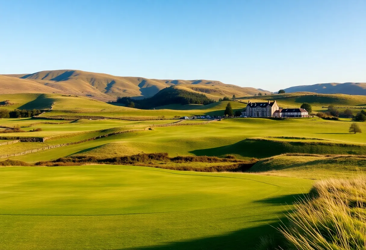 Scenic view of a golf course in Scotland with surrounding hills