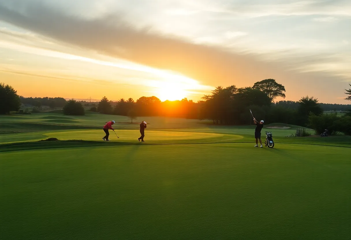 Scenic view of a golf course at sunrise, symbolizing competition.