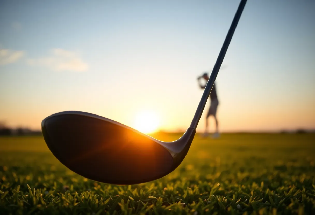 A picturesque golf course during sunset with a silhouette of a golfer.