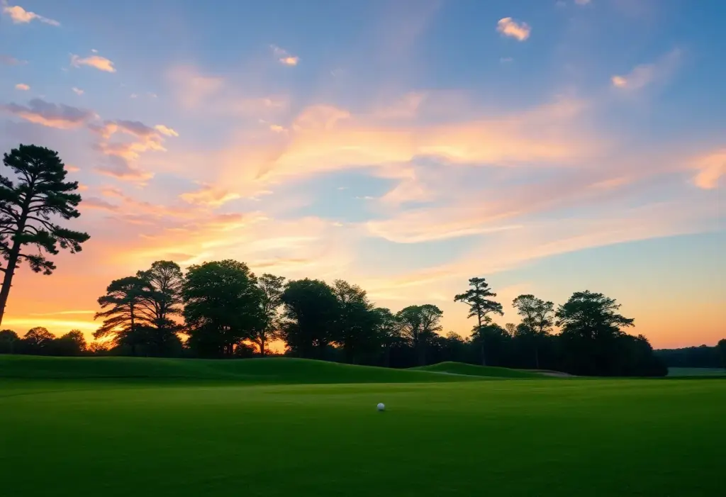 Scenic view of a golf course during sunset
