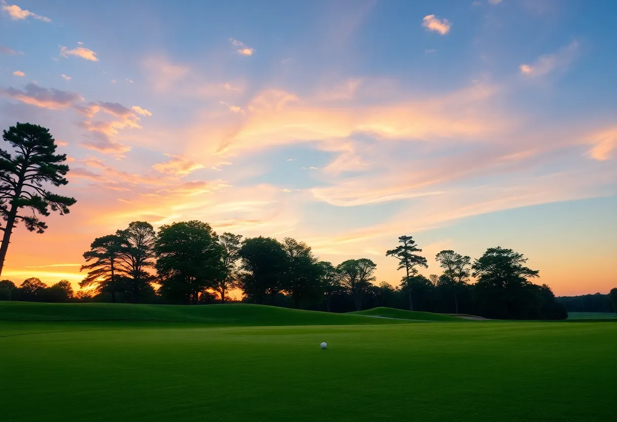 Scenic view of a golf course during sunset