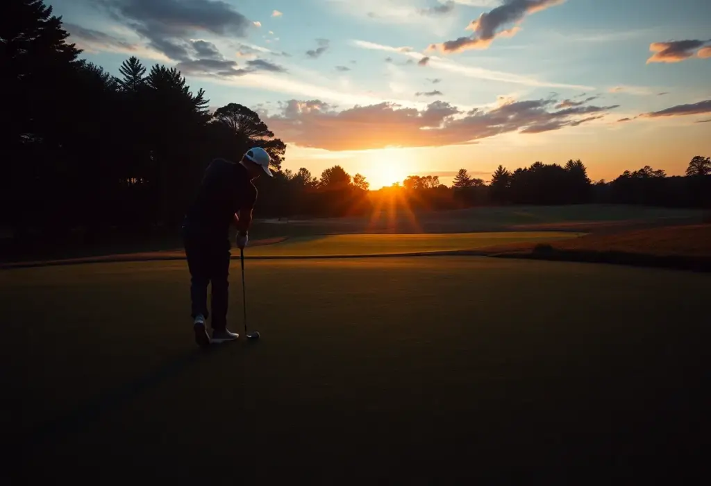 A picturesque view of a golf course at sunset