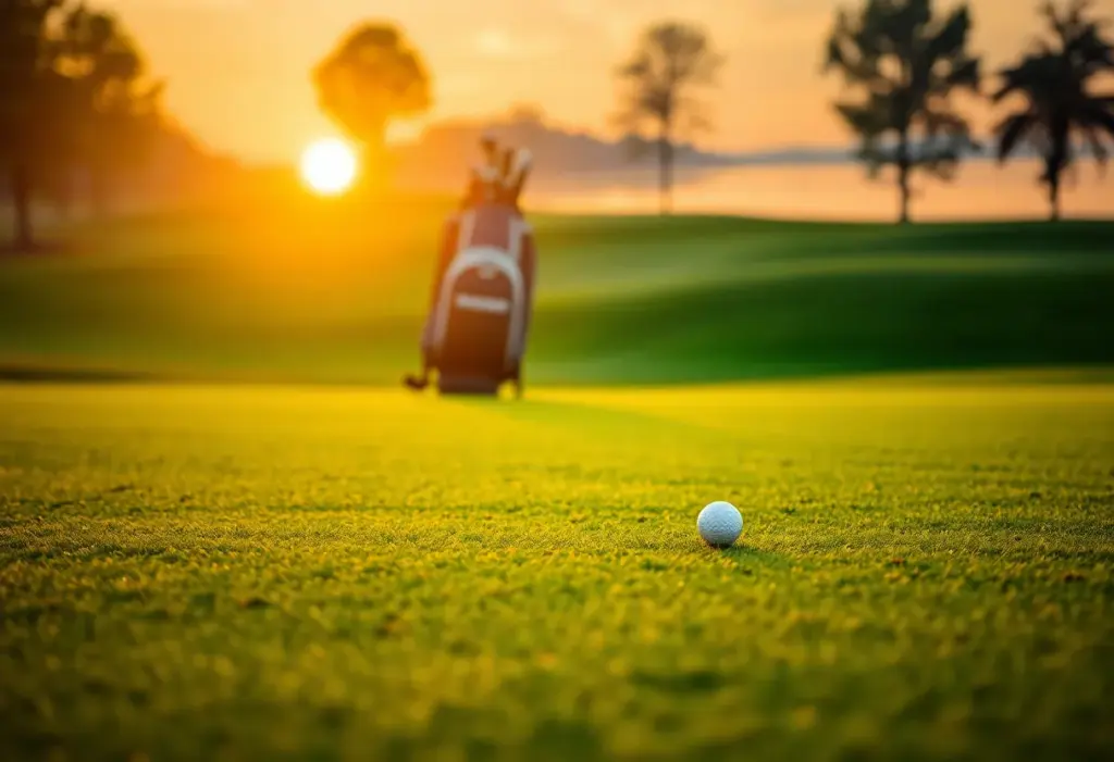 A serene golf course at sunset with an unattended golf bag.