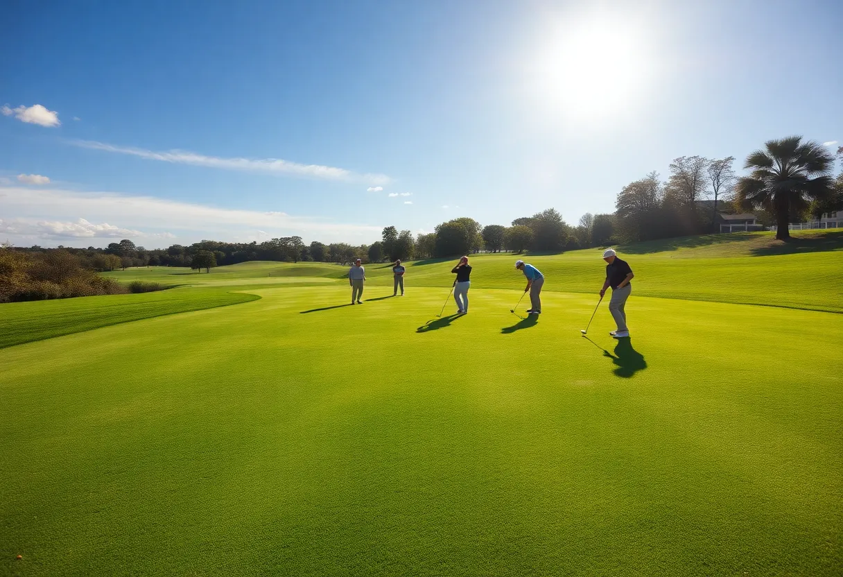Group of golfers practicing on a scenic golf course.