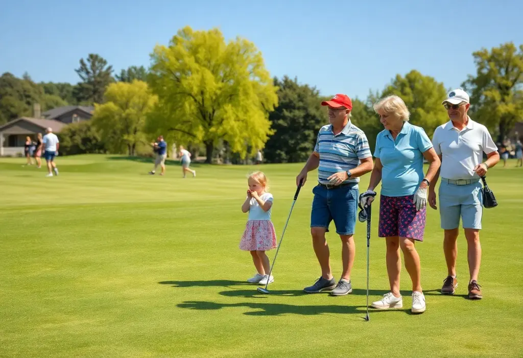 Families playing golf on a sunny course