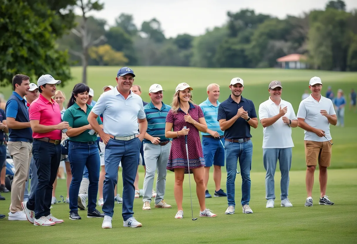 A lively golf course with players having fun and enjoying the game.