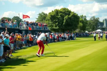 A thrilling scene from a professional golf tournament with players on the course.