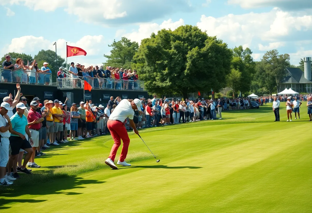 A thrilling scene from a professional golf tournament with players on the course.