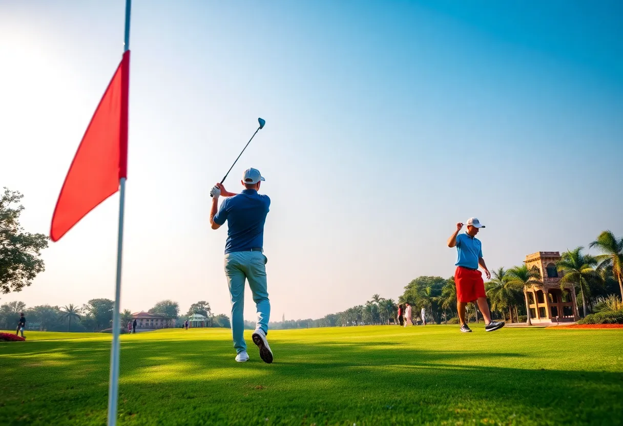 Golfers competing on a sunny day at the Delhi Golf Club