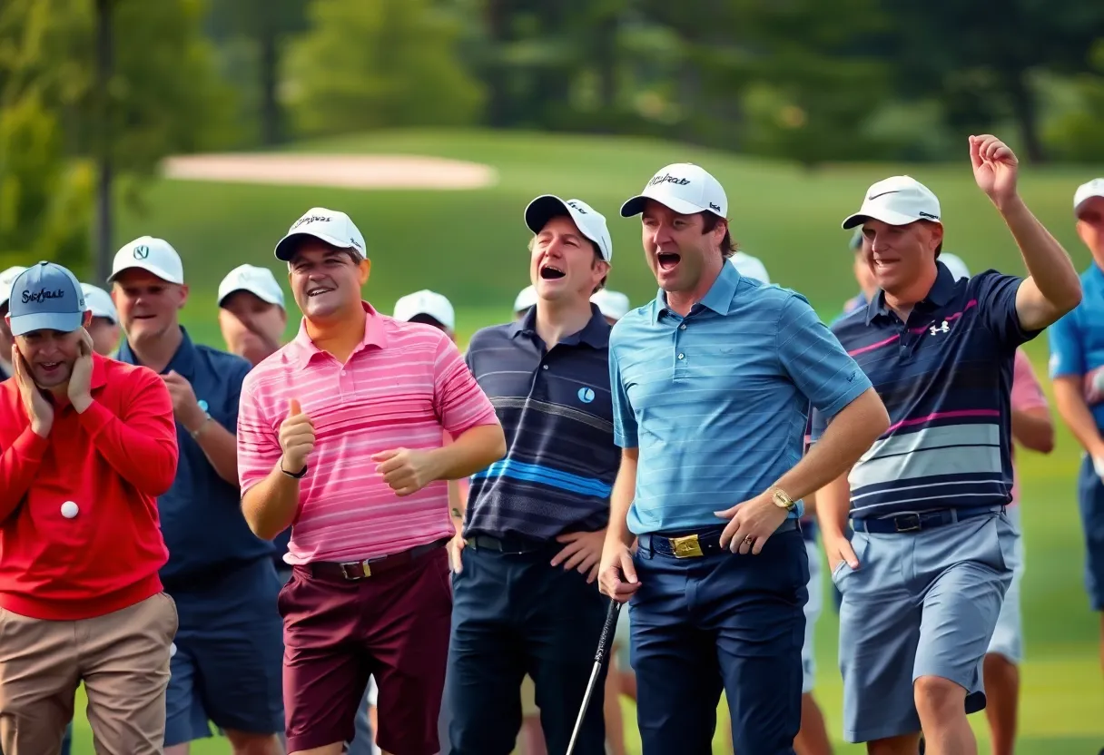 Golfers competing in a vibrant tournament setting.