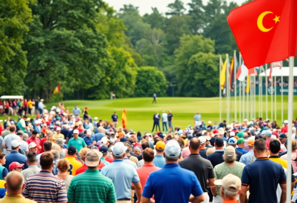 A lively golf tournament at a scenic golf course in India.