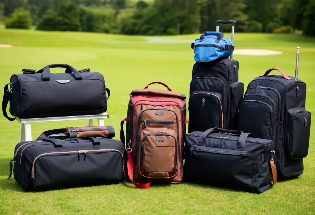 Collection of golf travel bags in an outdoor setting